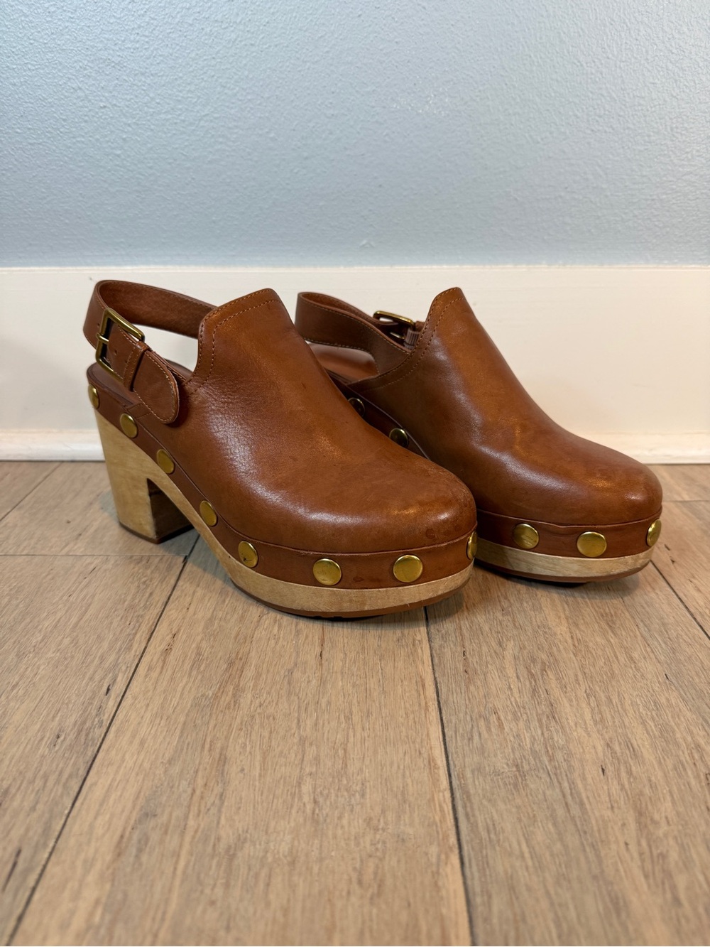 Charlotte Stone Hari Studded Leather Clog Slingback Luggage Brown Size 8